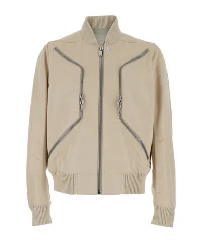 Rick Owens Heizer Flight Beige Bomber Jacket With Two Front Zip Pockets In Cotton Blend Man In Neutral