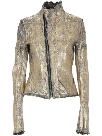 Rick Owens 'gary' Metallic Jacket With Asymmetric Zip Closure And Distressed Effect In Leather And Cotton Blend In Gold