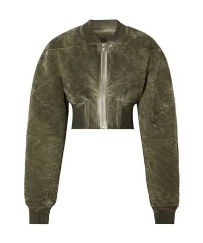 Rick Owens Cropped Bleached Brushed-cotton Bomber Jacket In Green