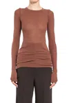Rick Owens Ribbed Crew Neck Sheer Long Sleeve Top In Brown
