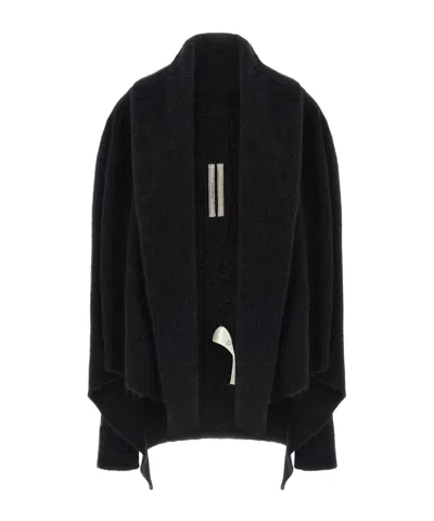 Rick Owens Hooded Medium Wrap Knit Coat In Black