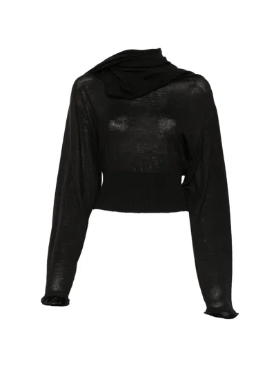 Rick Owens Long-sleeve Virgin Wool Top With Drop Shoulders And Neck Scarf In Black