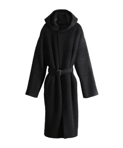 Rick Owens Tower Hooded Belted Coat In Black