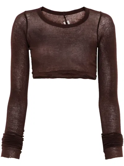 Rick Owens Longsleeved Cropped T-shirt In Brown