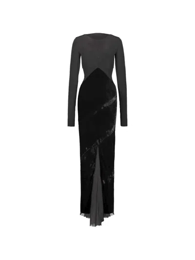 Rick Owens Long-sleeved Maxi Dress With Velvet Inserts In Black