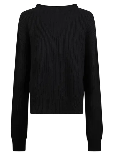 Rick Owens Long-sleeved Ribbed Knit T-shirt With Boat Neck For Women In Black