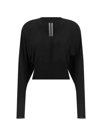 Rick Owens Long-sleeved Virgin Wool V-neck Top With Ribbed Hem In Nero