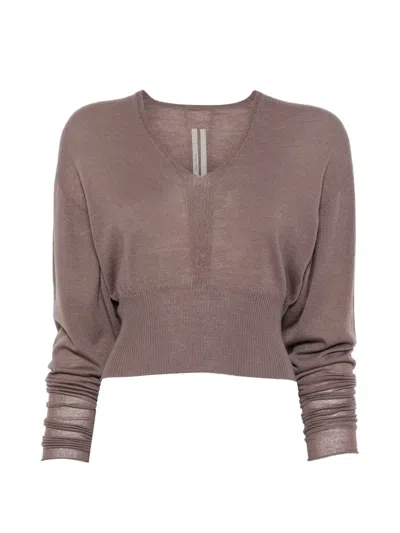 Rick Owens Long-sleeved Virgin Wool V-neck Top With Ribbed Hem In Viola