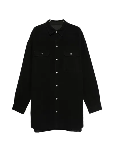 Rick Owens Long Wool Overshirt With Side Pockets And Buttoned Chest Pockets In Black