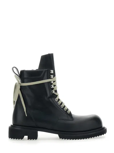 Rick Owens Low Army Black Ankle Boots With Decorative Oversize Laces And Lug Sole In Leather Man