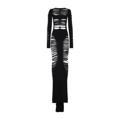 Rick Owens Long Black Wool Dress With Intricate Cut-outs