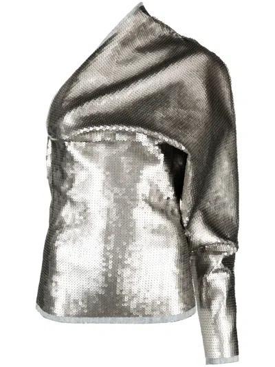 Rick Owens Luxor Single-sleeve Draped Sequin Top In Silver