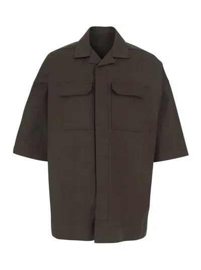 Rick Owens Magnum Brown Bowling Shirt With Cuban Collar And Short Wide Sleeves In Cotton Stretch Man In Green