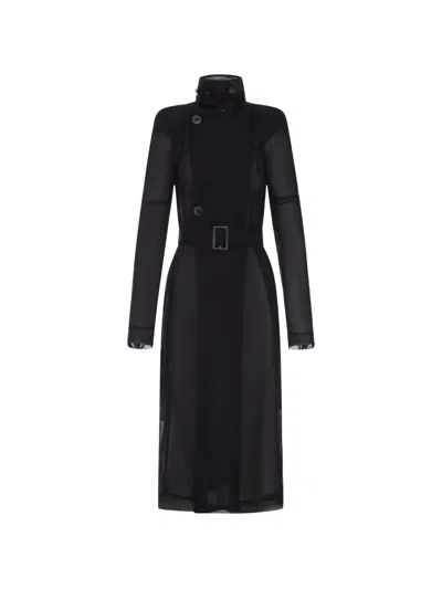 Rick Owens Maria Trench Coat In Transparent Organza With Belt In Black