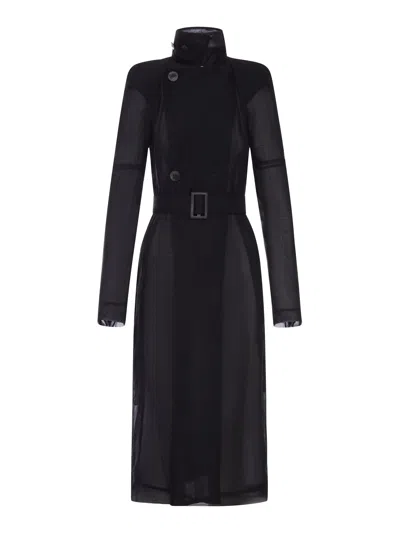 Rick Owens Maria Trench Coat In Transparent Organza With Belt In Black