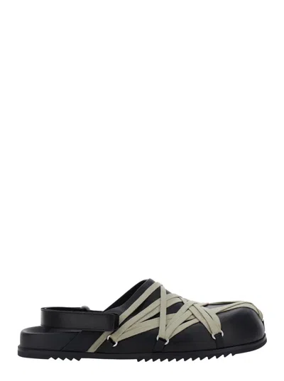 RICK OWENS BLACK MULES WITH OVERSIZE DECORATIVE LACES AND BUCKLE CLOSURE IN LEATHER MAN