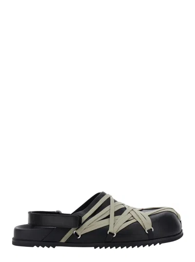 RICK OWENS BLACK MULES WITH OVERSIZE DECORATIVE LACES AND BUCKLE CLOSURE IN LEATHER MAN