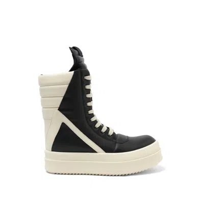 Rick Owens Men's Full Grain Leather Mega Geobasket Sneakers In Black/milk