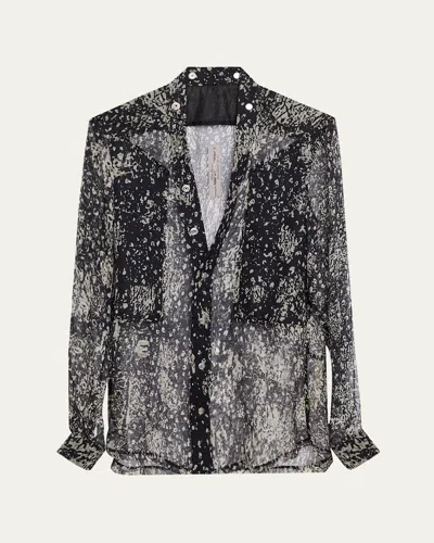 Rick Owens Men's Gauze Wolfish-print Larry Shirt In Black/pearl