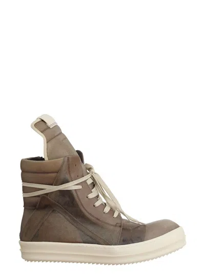 RICK OWENS MEN'S GEOBASKET DUST DUST MILK LEATHER SNEAKERS