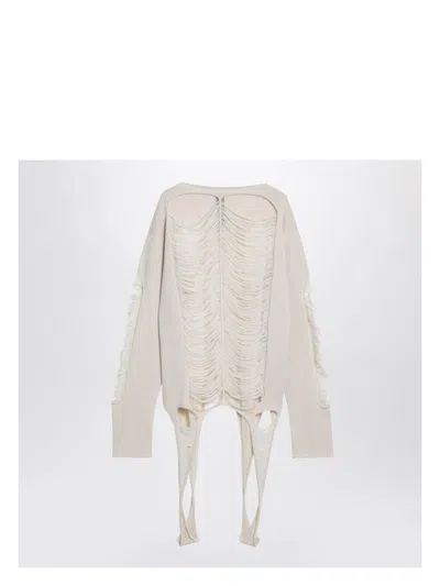 RICK OWENS MEN'S TORN IVORY SWEATER