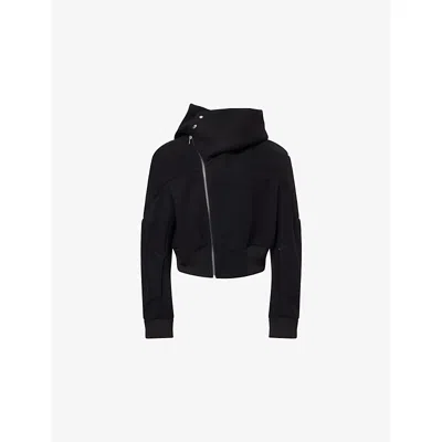 Rick Owens Mens Black Hooded Flight Wool Cropped Bomber Jacket