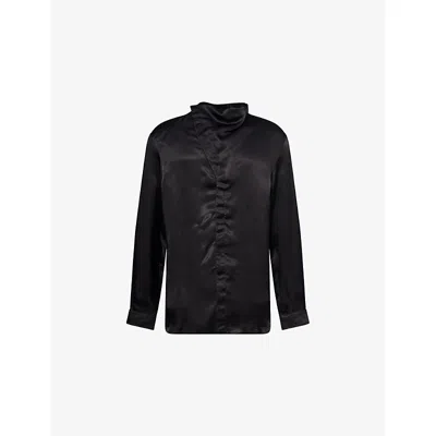 Rick Owens Mens Black Island Asymmetric-collar Cupro Shirt