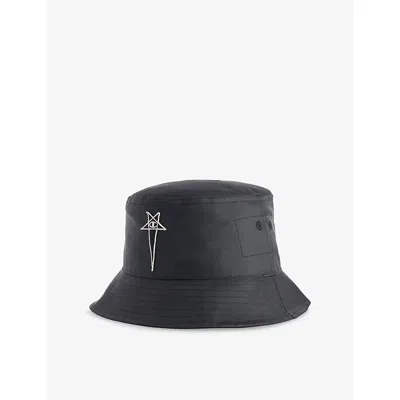 Rick Owens Mens Black Embroidered-logo Dropped-brim Woven Bucket Hat