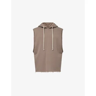 Rick Owens Mens Dust Sleeveless Raw-edge Cotton Hoody Xl In Brown