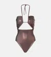 Rick Owens Metallic Halterneck Swimsuit In Brown