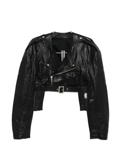 Rick Owens Cropped Leather Biker Jacket Belted Waist In Black