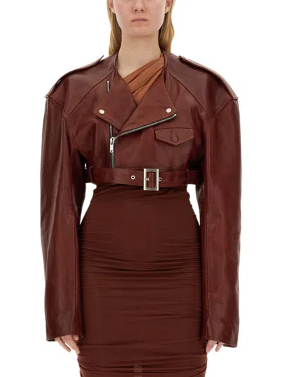 Rick Owens Micro Biker Cropped Leather Jacket In Burgundy