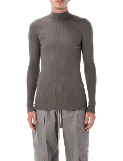 Rick Owens Minimalist Ribbed Wool Turtleneck Sweater With Center-back Seam In Brown