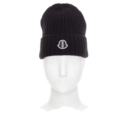 Pre-owned Rick Owens Moncler  2023 Logo Applique Ribbed Beanie Wool Cashmere Folded Hat In Black
