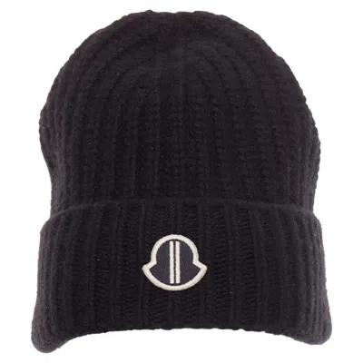 Pre-owned Rick Owens Moncler  Logo Applique Ribbed Beanie In Black