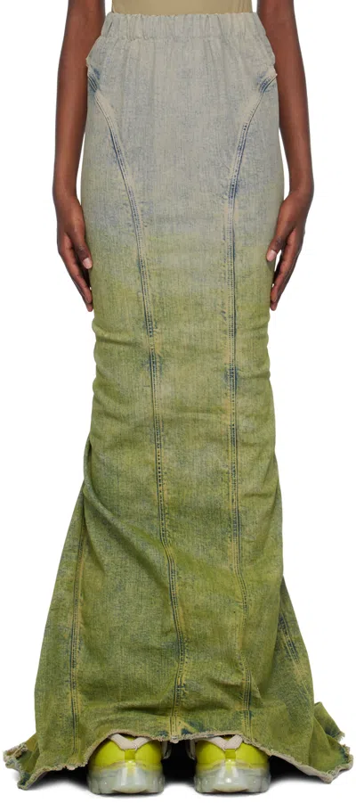 RICK OWENS MONCLER + RICK OWENS TAUPE & GREEN AL DENIM MAXI SKIRT