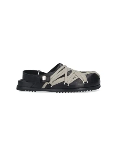 Rick Owens Megalace Mule Granola Black Leather Sandals