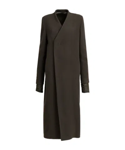 Rick Owens Museum Collarless Boiled Wool Long Coat In Black