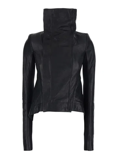 Rick Owens Naska Biker Black Jacket With Oversized Funnel Neck And Double-breasted Closure In Leather Woman
