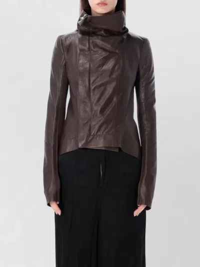 Rick Owens Naska Leather Biker Jacket Curved Hem In Brown