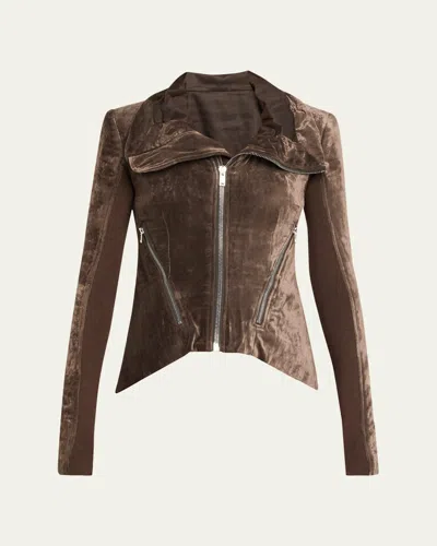 Rick Owens Naska Velvet Zip Biker Jacket In Brown