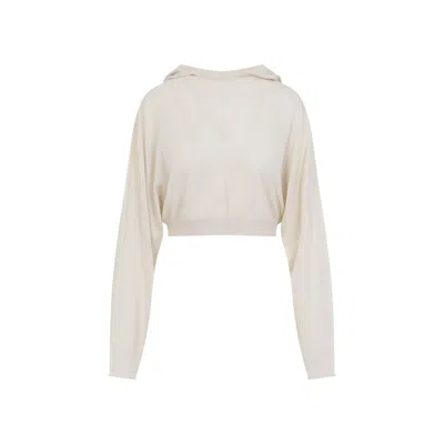 RICK OWENS NATURAL WHITE VIRGIN WOOL CROPPED HOODED TUNIC PULLOVER