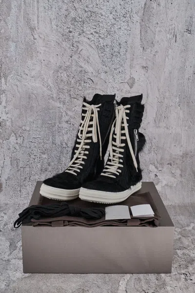 Pre-owned Rick Owens Nwt Black Pony Hair Cow Leather Cargobasket Sneakers 42