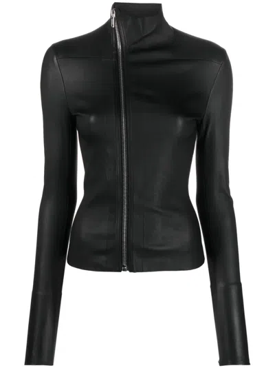 Rick Owens Off-centre Zip-up Leather Jacket In Black