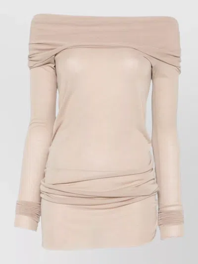 Rick Owens Off Shoulder Ruched Stretch Long Sleeve Top In Neutral