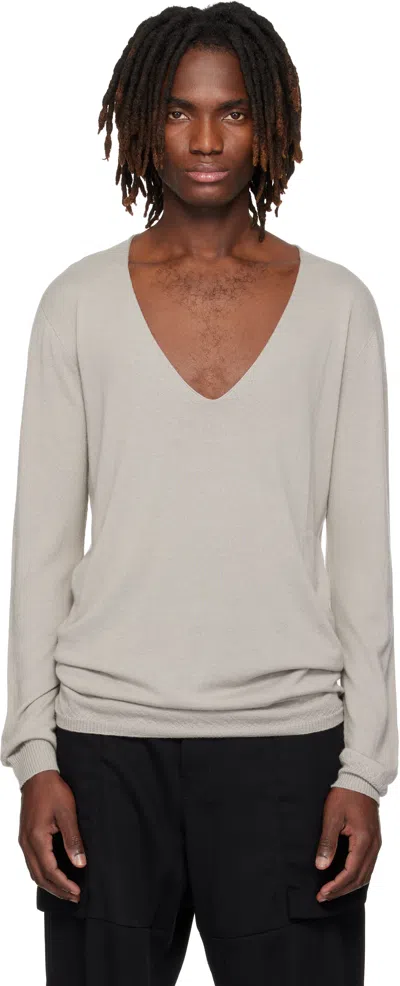 Rick Owens Off-white Temple Oversize Extreme V Neck Sweater In Gray