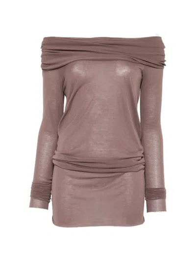 Rick Owens Off Shoulder Long Sleeve Draped Top In Brown