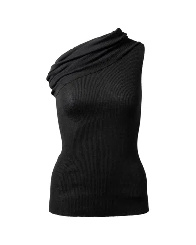 RICK OWENS ONE-SHOULDER BLACK RIBBED ATHENA TOP