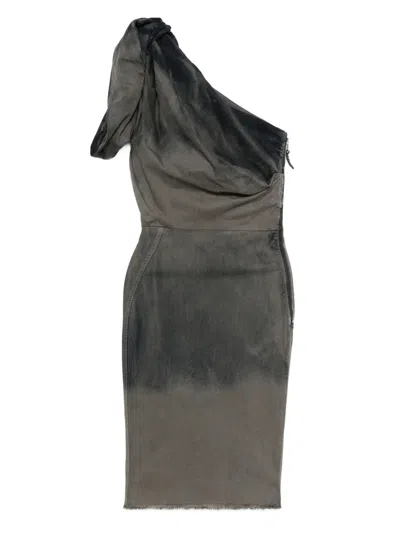 Rick Owens One-shoulder Denim Midi Dress In Gray