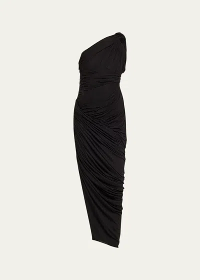 Rick Owens One-shoulder Draped Midi Dress In Black